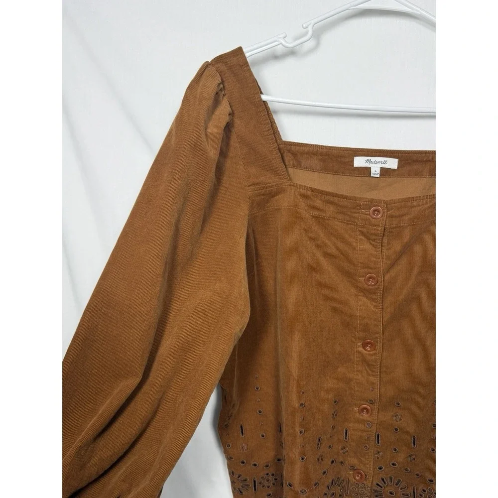 Madewell Corduroy Eyelet Embroidered Tie Sleeve Blouse Brown L Cottagecore